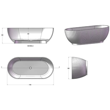 Badewanne, freistehend, Mineralverbund, Ablauf inklusive, Matte Anthracite, 170x80 cm, Bali