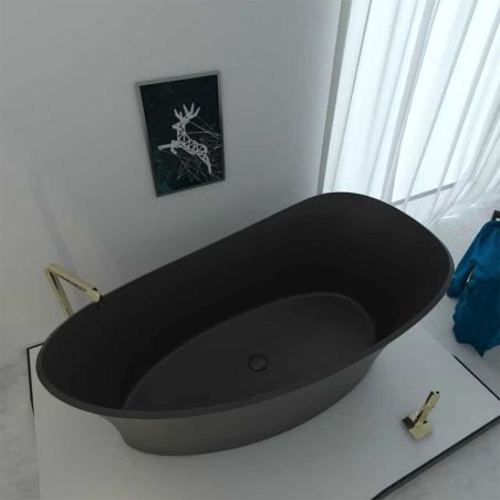 Badewanne, freistehend, Mineralverbund, Ablauf in Schwarz inklusive, Mattschwarz, 150x78 cm, Nice