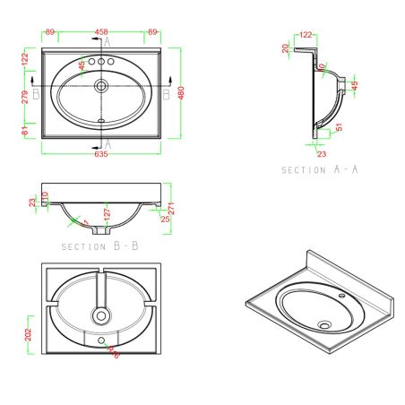 Waschbecken, Mineralverbund, Halb-Einbaumontage, mit Hahnloch, weißes Ablauf inklusive, 78x56-63x48 cm, Nobile