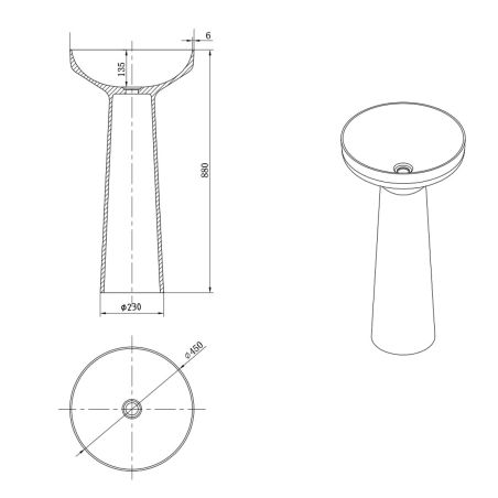 Standwaschbecken, freistehend, Mineralverbund, glänzend Weiß, Ablauf weiß inklusive, 45x45x88 cm, Geneva
