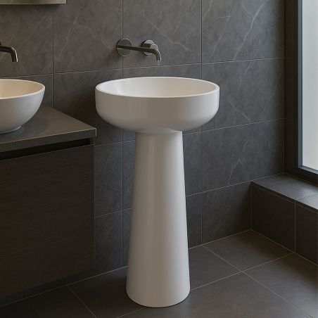 Standwaschbecken, freistehend, Mineralverbund, glänzend Weiß, Ablauf weiß inklusive, 45x45x88 cm, Geneva