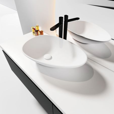 Waschbecken, Mineralverbund, Aufsatzmontage, Ablauf weiß inklusive, 58x38x15 cm, glänzend Weiß, Luna