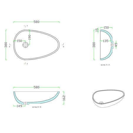 Waschbecken, Mineralverbund, Aufsatzmontage, Ablauf weiß inklusive, 58x38x15 cm, glänzend Weiß, Luna