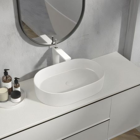 Waschbecken, Mineralverbund, Aufsatzmontage, Ablauf weiß inklusive, 58x38x12 cm, glänzend Weiß, Alto