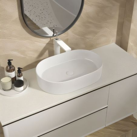 Waschbecken, Mineralverbund, Aufsatzmontage, Ablauf weiß inklusive, 58x38x12 cm, glänzend Weiß, Alto