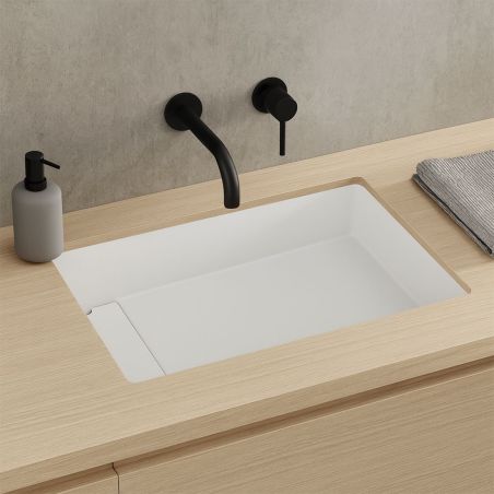 Waschbecken, Mineralverbund, verdeckter Abfluss, Unterbau-Montage, glänzend Weiß, 58-68x45x17 cm, Milo