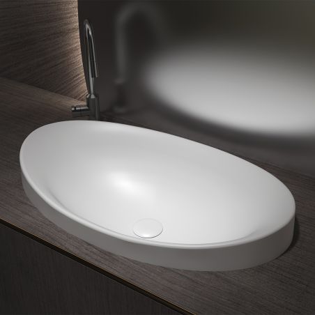 Waschbecken, Mineralverbund, Halb-Einbaumontage, Ablauf weiß inklusive, 60x37 cm, glänzend Weiß, Sola