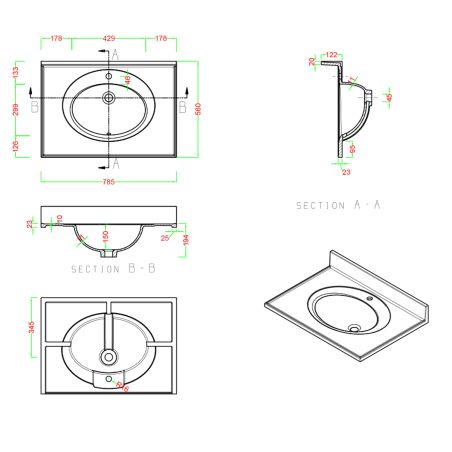 Waschbecken, Mineralverbund, Halb-Einbaumontage, mit Hahnloch, weißes Ablauf inklusive, 78x56-63x48 cm, Nobile