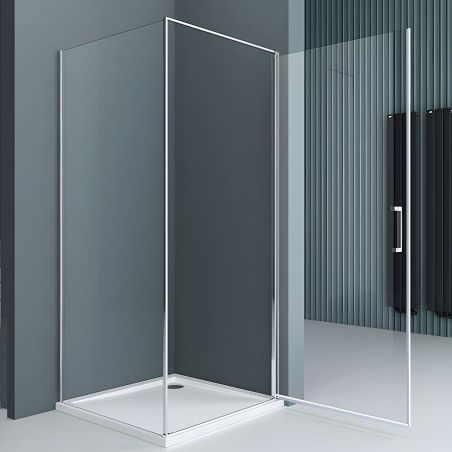 Duschkabine mit Festwand und Pendeltür, 8 mm Sicherheitsglas, Profil und Griff in Chrom, Maße: 90–100 x 90–100 cm, Ego-36