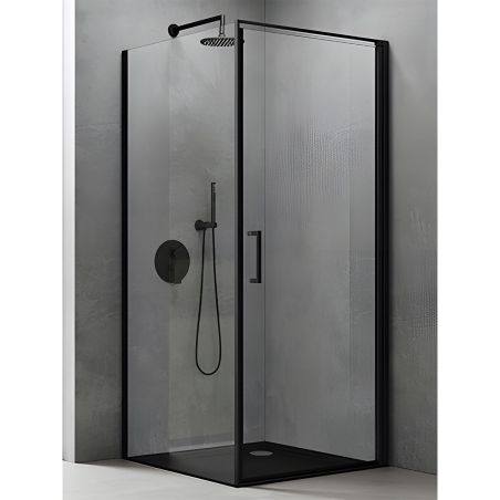 Duschkabine mit Festwand und Pendeltür, 8 mm Sicherheitsglas, Profil und Griff in Schwarz, Maße: 90–100 x 90–100 cm, Ego-36