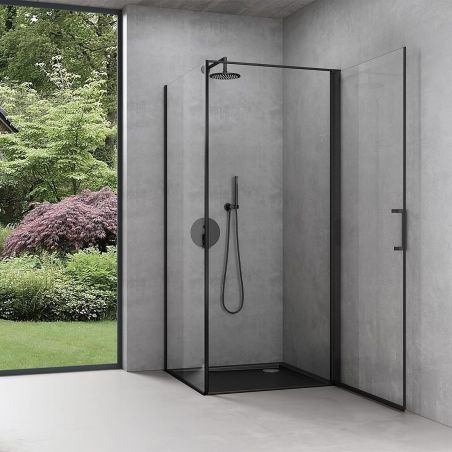 Duschkabine mit Festwand und Pendeltür, 8 mm Sicherheitsglas, Profil und Griff in Schwarz, Maße: 90–100 x 90–100 cm, Ego-36