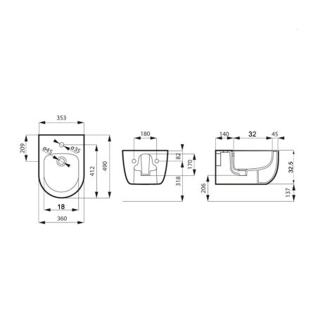 Bidet EGO Michael, 49x36 cm, Schwarz, Power Colour, halb-matt, Wandmontage, mit Überlauf