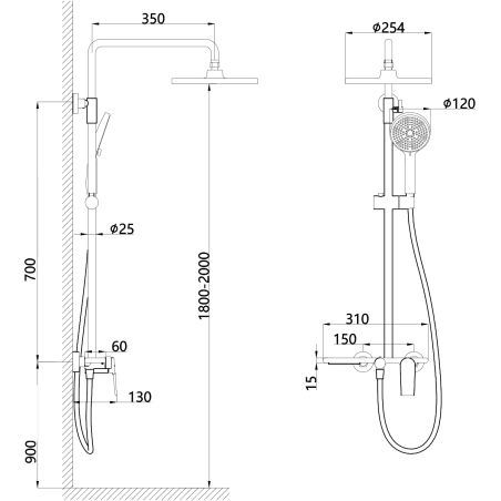 Duschsystem, Wasserfall-Badewannenauslauf, 3 Funktionen, Ablage, Wandmontage, Mattgold, Divina