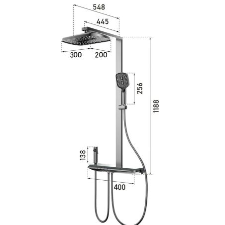 Dusch- und Badewannensystem, 2 Handbrausen, Armatur mit Piano-Tasten, 3 Funktionen, Wandmontage, Stahl, Gun Grey, Serano