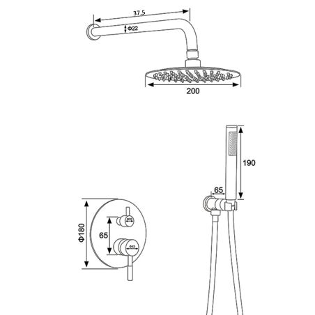 Duschsystem, Mattgold, 2 Funktionen, Stahl, Einbau-Einhebelarmatur, Fino