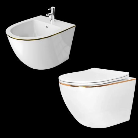 WC- und Bidet-Set Ben, Gold Line, 49x36 cm, Hängemontage, Duroplast-Deckel, Sanitärkeramik