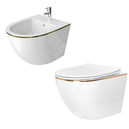 WC- und Bidet-Set Ben, Gold Line, 49x37 cm, Hängemontage, Duroplast-Deckel, Sanitärkeramik