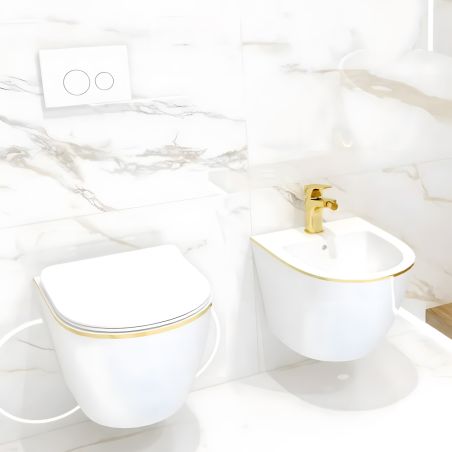 WC- und Bidet-Set Ben, Gold Line, 49x36 cm, Hängemontage, Duroplast-Deckel, Sanitärkeramik