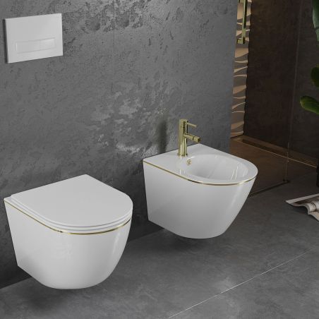 WC- und Bidet-Set Ben, Gold Line, 49x36 cm, Hängemontage, Duroplast-Deckel, Sanitärkeramik