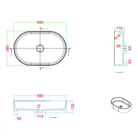 Waschbecken, Mineralverbund, Aufsatzmontage, Ablauf weiß inklusive, 58x38x12 cm, glänzend Weiß, Alto