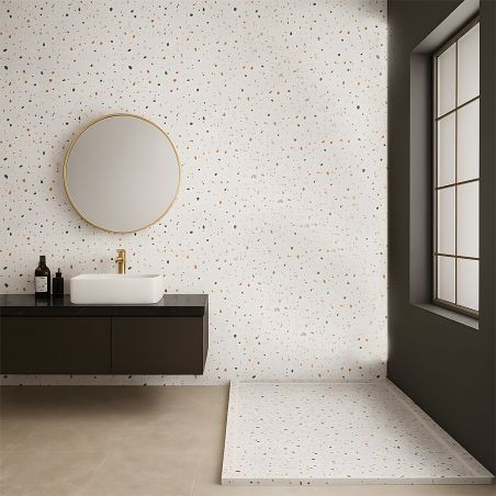 Duschwanne, Weiß, Terrazzo Finish, Mineralkomposit, Höhe 2,5 cm, Maße 100-120x80-90 cm, zuschneidbar, Antonio