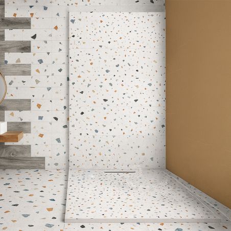 Duschwanne, Weiß, Terrazzo Finish, Mineralkomposit, Höhe 2,5 cm, Maße 100-120x80-90 cm, zuschneidbar, Antonio