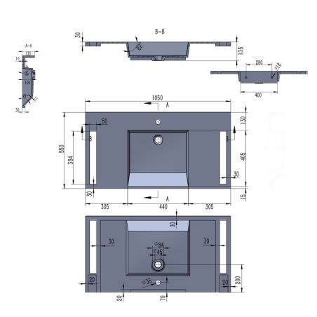 Waschbecken, Glänzend Weiß, seitliche Handtuchhalter, Mineralkomposit, wandhängende, Halb-Einbaumontage, 105x55 cm, Lavanda