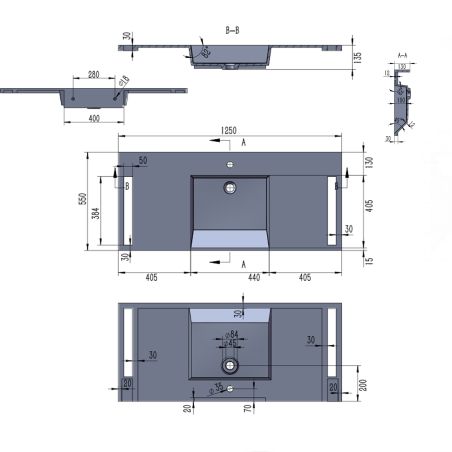 Waschbecken, Weiß Carrara Arabescato Finish, Handtuchhalter, Komposit, wandhängende Halb-Einbaumontage, 125x55 cm, Lavanda