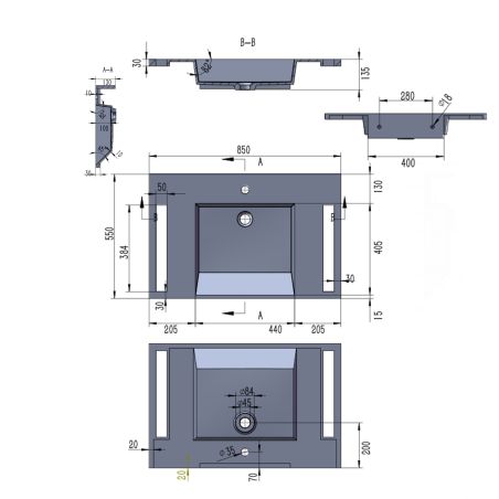 Waschbecken, Weiß Carrara Arabescato Finish, Handtuchhalter, Komposit, wandhängende, Halb-Einbaumontage, 85x55 cm, Lavanda