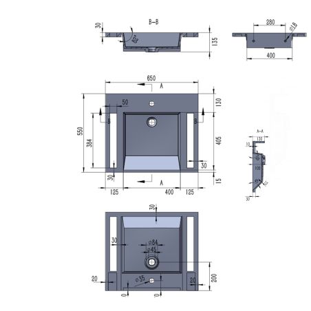 Waschbecken, Weiß Carrara Arabescato Finish, Handtuchhalter, Komposit, wandhängende, Halb-Einbaumontage, 65x55 cm, Lavanda