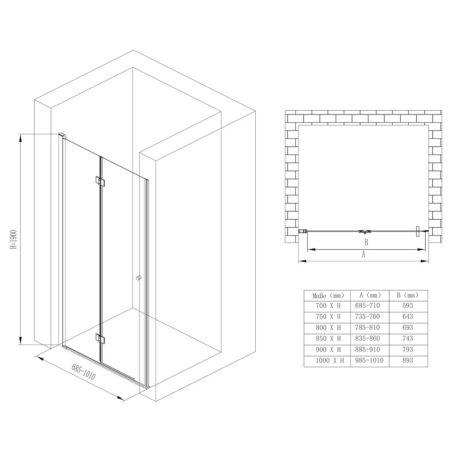 Duschtür EGO-266, ESG-Sicherheitsglas 6 mm, transparent, Nano-Beschichtung, Breiten zwischen 70-100 cm