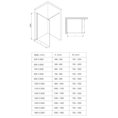 Walk-In Duschwand Ultra-Slim, 8 mm Sicherheitsglas, Maße 80-160x200 cm, verchromtes Profil, Nano Easy Clean, Matia