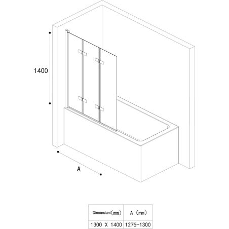 Badabtrennung EGO-116, 130x140 cm, Sicherheitsglas 6 mm, 180° schwenkbar, Linksmontage, EGO-116, Nano Easy Clean Beschichtung