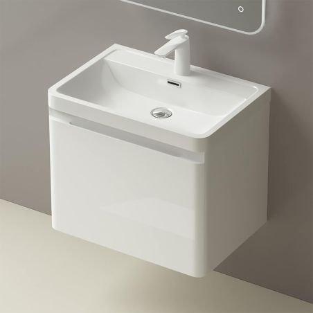 Badezimmermöbel aus MDF lackiertes, Mineralguss-Waschbecken, Soft-Close-System, 60x42x55 cm, glänzend Weiß, Verona