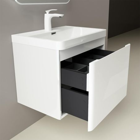 Badezimmermöbel aus MDF mit Mineralguss-Waschbecken, Schubladentrennern, Soft-Close-System, 60x42x55 cm, glänzend Weiß, Verona