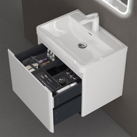 Badezimmermöbel aus MDF mit Mineralguss-Waschbecken, Schubladentrennern, Soft-Close-System, 60x42x55 cm, glänzend Weiß, Verona