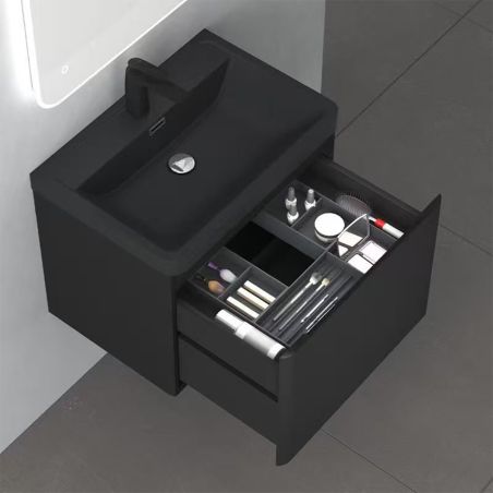 Badezimmermöbel aus MDF mit Mineralguss-Waschbecken, Schubladentrennern, Soft-Close-System, 60x42x55 cm, Mattschwarz, Verona