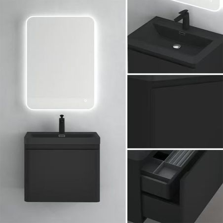 Badezimmermöbel aus MDF mit Mineralguss-Waschbecken, Schubladentrennern, Soft-Close-System, 60x42x55 cm, Mattschwarz, Verona