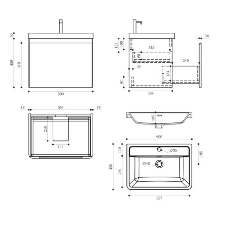 Badezimmermöbel aus MDF mit Mineralguss-Waschbecken, Schubladentrennern, Soft-Close-System, 60x42x55 cm, Mattschwarz, Verona