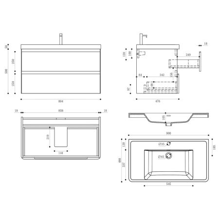 Badezimmermöbel, lackiertes MDF, Komposit-Waschbecken, Schubladentrenner, Soft-Close, 60/90 cm, Weiß Hochglanz, Trieste