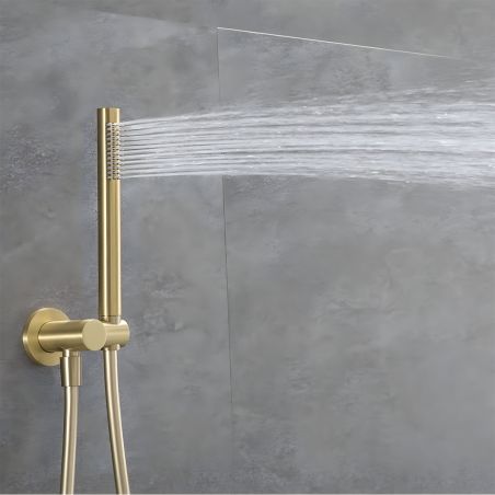 Duschsystem, Mattgold, Deckenmontage, Einbauarmatur mit Thermostat, Regenbrause, Durchmesser 40 cm, Apolo