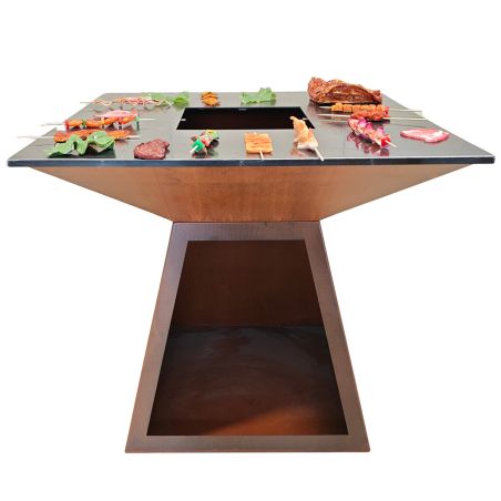 Holzgrill mit großer Kochplatte, Holzlagerfach, 2 mm Cortenstahl, Maße: 100x100x90 cm, Rostoptik, Rustico