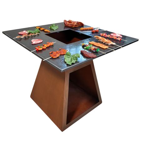 Holzgrill mit Gusseisenplatte, Holzlagerfach, 2 mm Cortenstahl, Maße: 100x100x90 cm, Rostoptik, Rustico