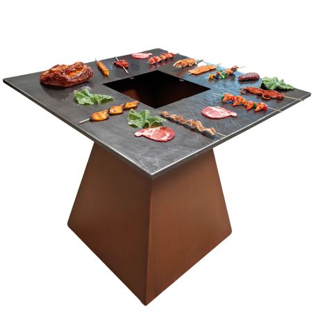 Holzgrill mit großer Kochplatte, Holzlagerfach, 2 mm Cortenstahl, Maße: 100x100x90 cm, Rostoptik, Rustico