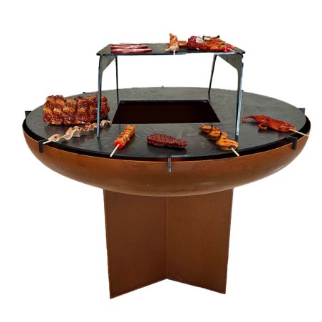Holzgrill mit Gusseisenplatte, Platte aus 2 mm Cortenstahl, Maße: D 100 x H 70 cm, AshCraft