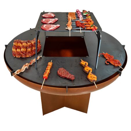 Holzgrill mit Gusseisenplatte, Platte aus 2 mm Cortenstahl, Maße: D 100 x H 70 cm, AshCraft