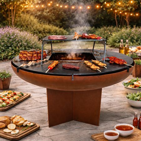 Holzgrill mit Gusseisenplatte, Platte aus 2 mm Cortenstahl, Maße: D 100 x H 70 cm, AshCraft