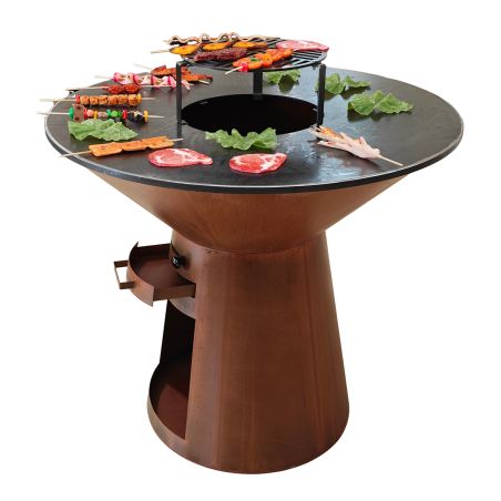 Holzgrill mit Gusseisenplatte und Holzarbeitsfläche, Stauraum für Holz, 2 mm Cortenstahl, Ø 100 x H 90 cm, Avangarde