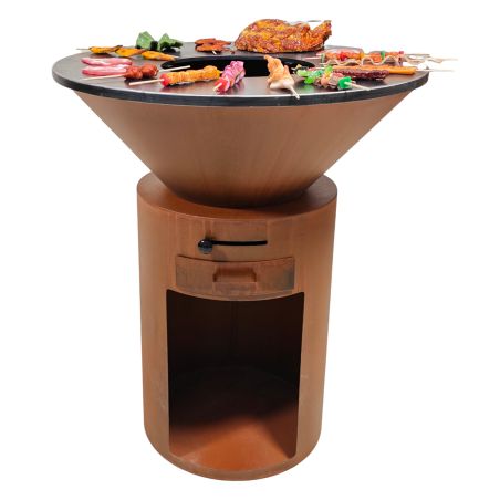 Holzgrill mit großer Kochplatte, Holzlager, 2 mm Cortenstahl, Durchmesser 100 oder 85 cm, Rostoptik, Infinity Glow