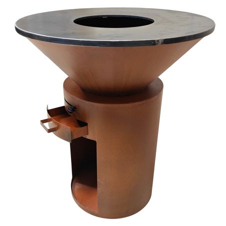 Holzgrill mit großer Kochplatte, Holzlager, 2 mm Cortenstahl, Durchmesser 100 oder 85 cm, Rostoptik, Infinity Glow